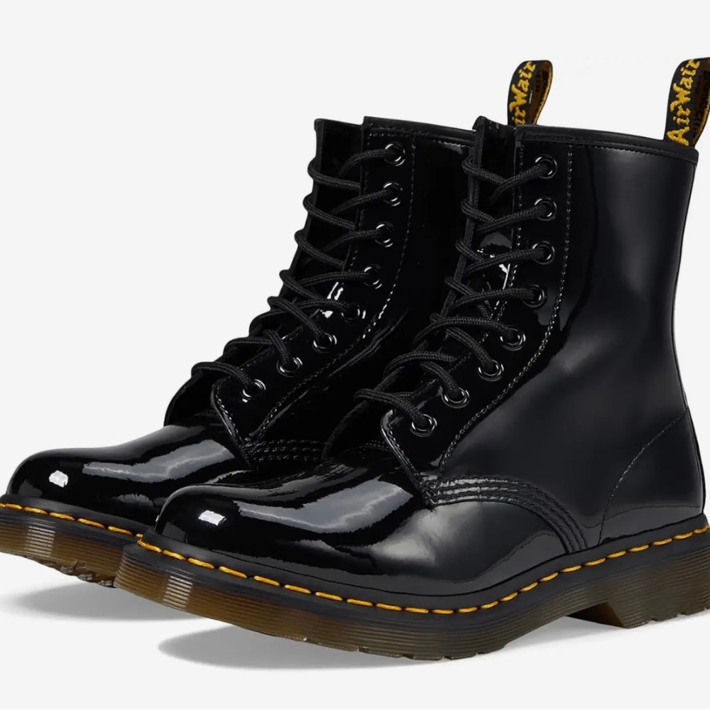Dr. Martens Shiny Black Boots with Yellow Stitching, new